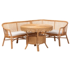 bali & pari Ceona 3-Piece Natural Rattan Dining Nook Set - L-Shaped Banquette Seating with Cushions and Pedestal Table, Boho Coastal Style Dining